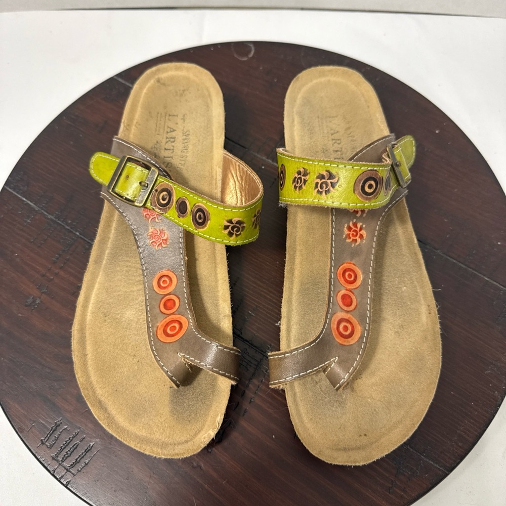 Spring Step Brown & Lime‎ Green Leather Thong Sandal